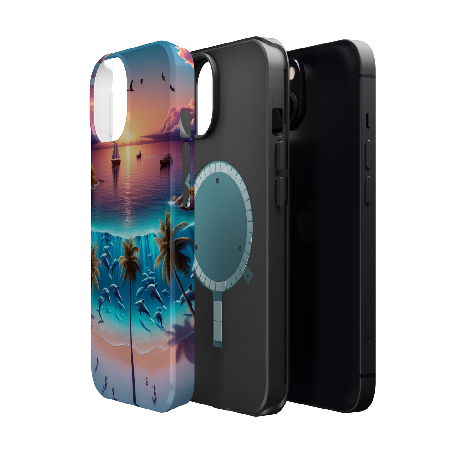 Magnetic Tough Phone case for phone 16 15 14 13 Pro Plus and Max  "Sunset Serenity: A Tropical Solitude" - Tough Phone Case with Tropical Beach Sunset Dolphins ande Sailboats HD Art