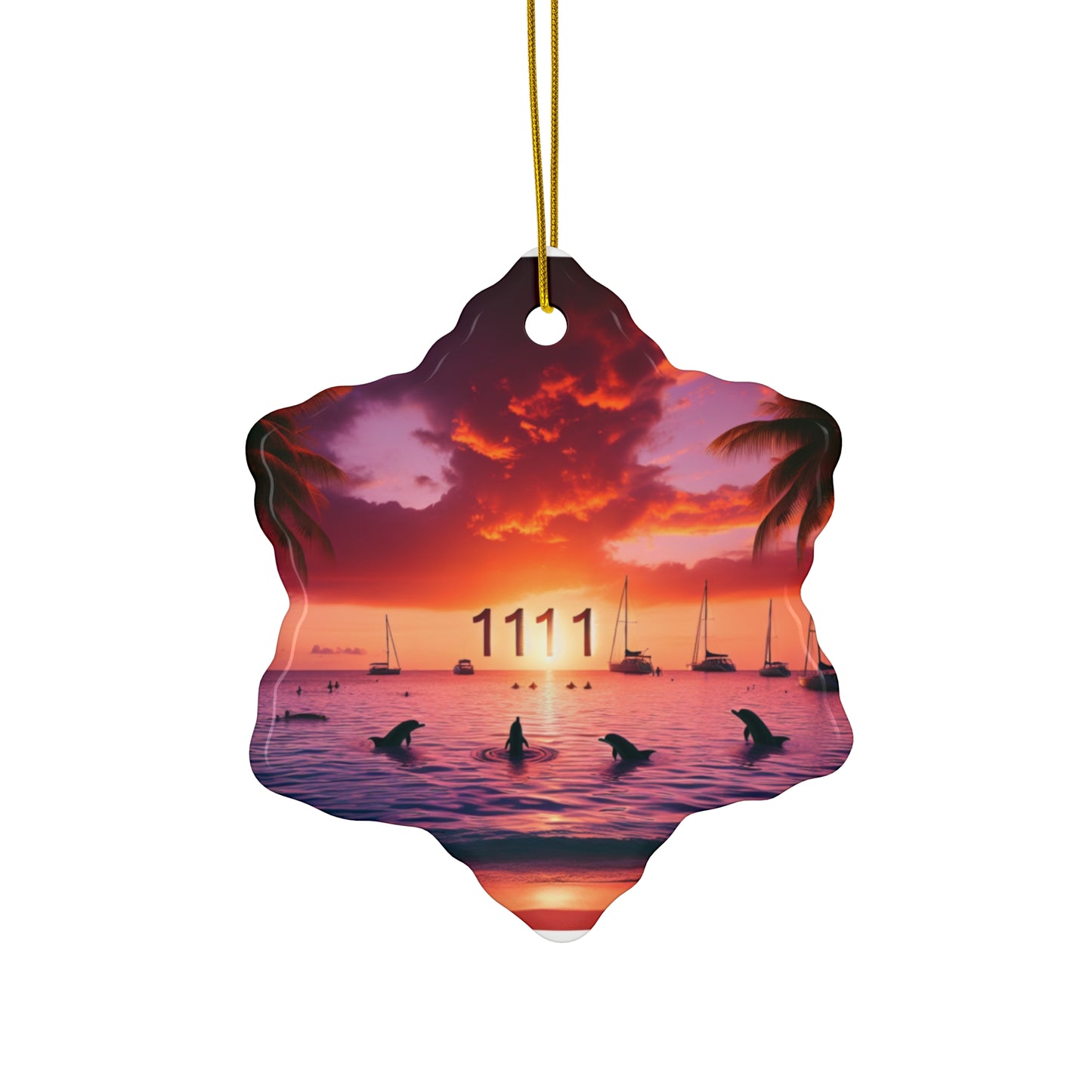 Ceramic Ornament Star, Heart, Snowflake or Circle 1111 "Tropical Serenity: A Sunset Paradise" - Tropical Beach Sunset with Palm Trees, Dolphins, and Sailboats