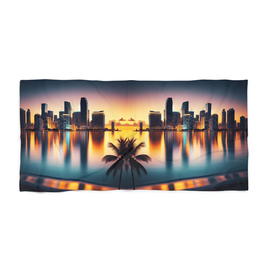 Miami Sunset City Lights and Ocean Reflection Mirror Image Beach  Towel