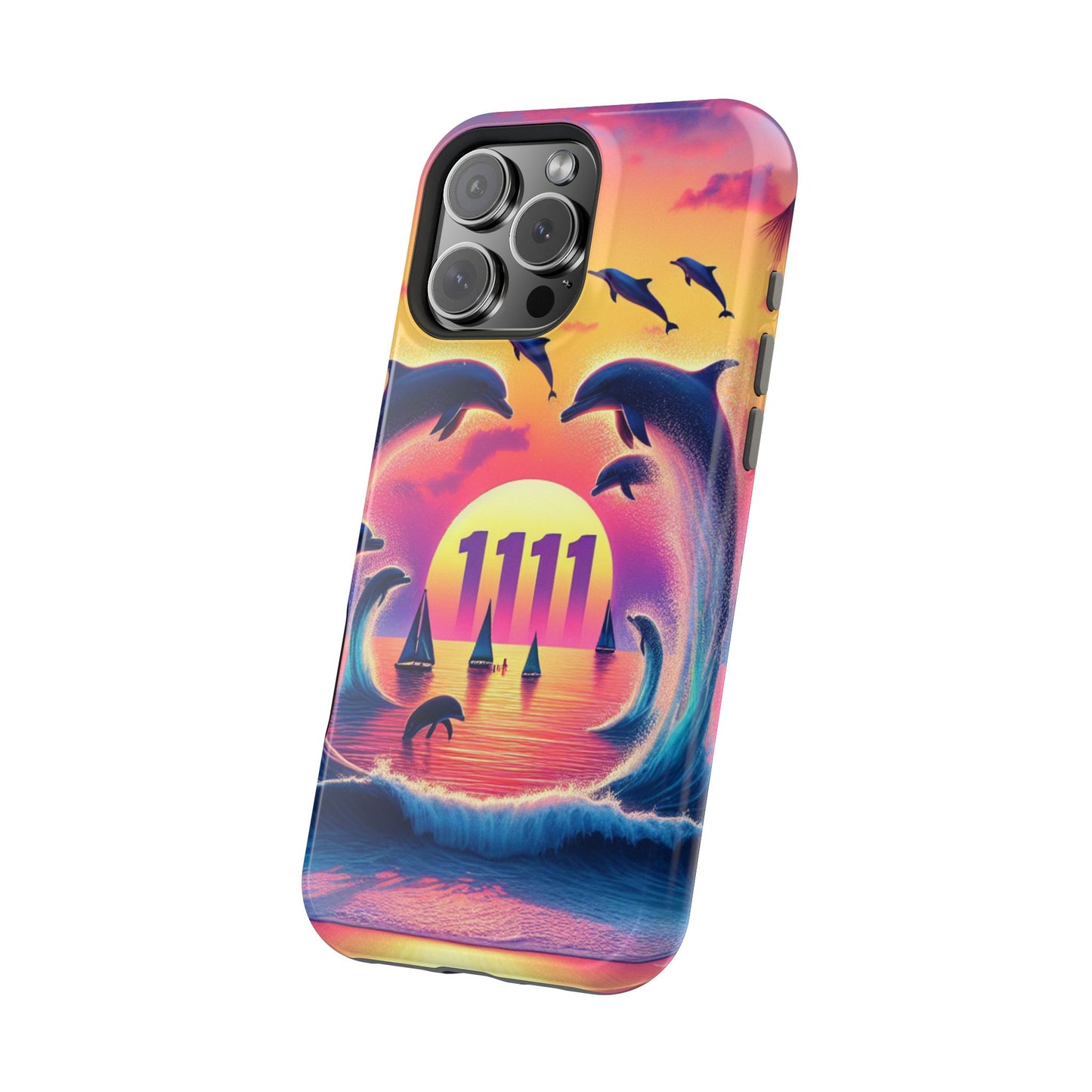 Magnetic Iphone 13-16 Pro and Max 1111 "Paradise Twilight: An Ode to Tropical Serenity" - Tough Phone Case with Tropical Beach Sunset Dolphins ande Sailboats HD Art