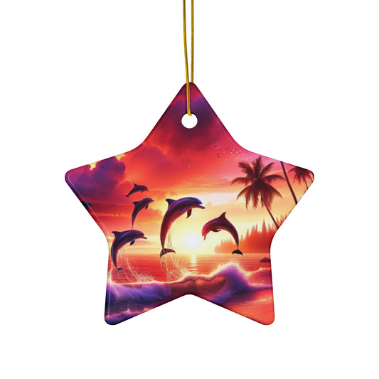 Ceramic Ornament Star, Heart, Snowflake or Circle 1111 "Paradise Dream: A Serene Tropical Sundown" - Tropical Beach Sunset with Palm Trees, Dolphins, and Sailboats