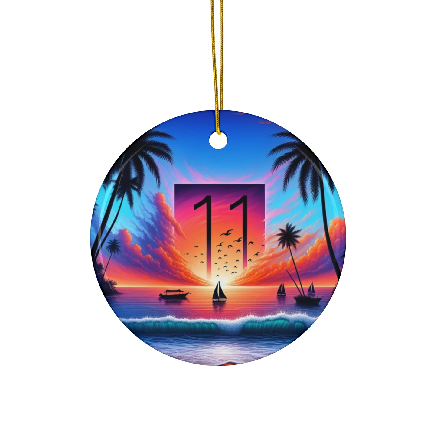 Ceramic Ornament Star, Heart, Snowflake or Circle 1111 "Serenity Sands: A Tropical Dusk Symphony" - Tropical Beach Sunset with Palm Trees, Dolphins, and Sailboats