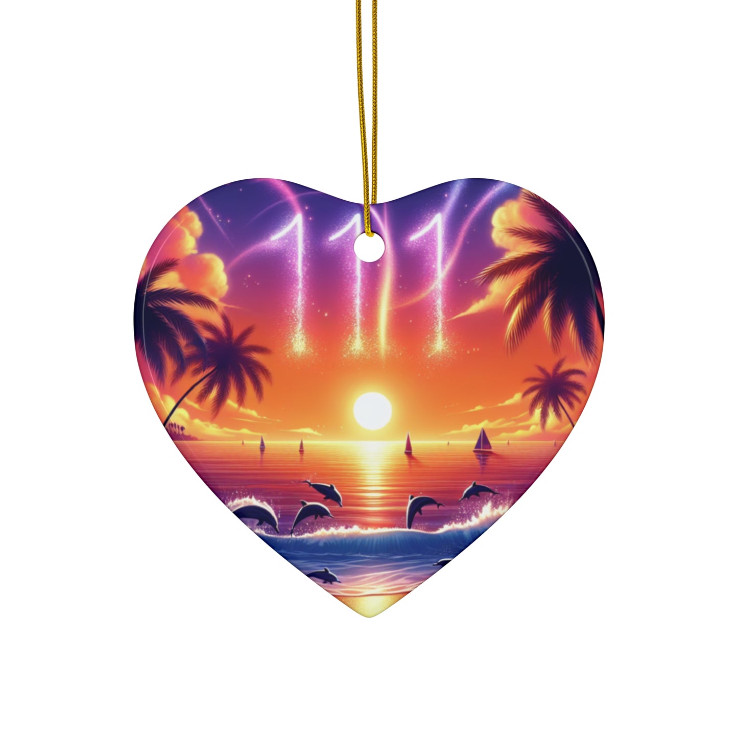 Ceramic Ornament Star, Heart, Snowflake or Circle 1111 "Paradise Serenity: A Tropical Sundown Symphony" - Tropical Beach Sunset with Palm Trees, Dolphins, and Sailboats