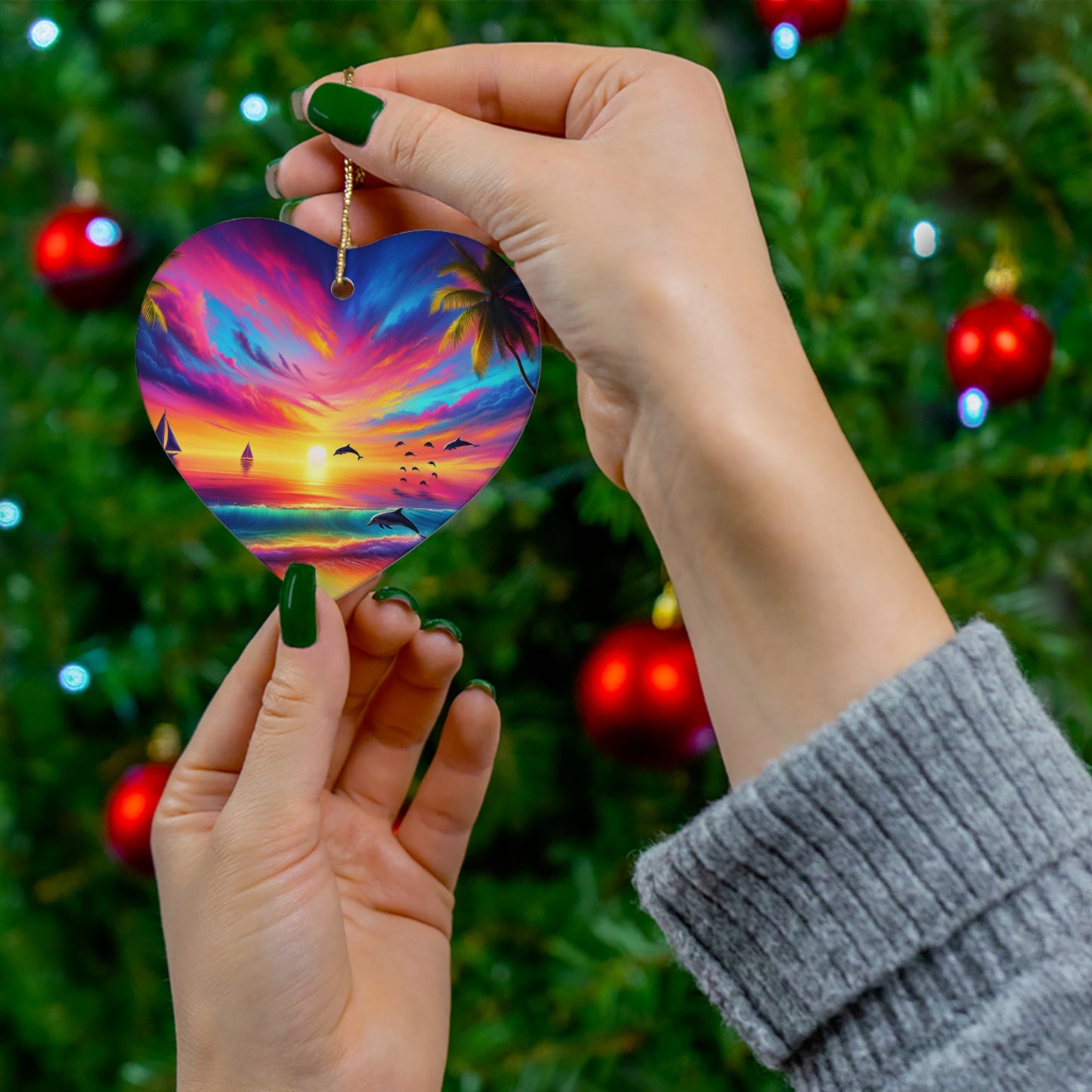 Ceramic Ornament - Tropical Beach Sunset Star, Heart, Snowflake, Circle, Dolphins, Sailboats - Holiday Christmas Tree Decoration, Gift for