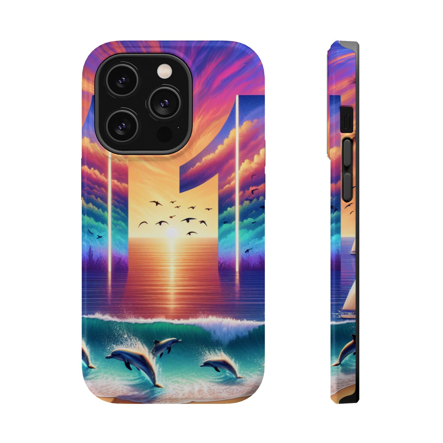 Magnetic Tough Phone case for phone 16 15 14 13 Pro Plus and Max  1111 "Island Serenity: Sunset Haven" - Tough Phone Case with Tropical Beach Sunset Dolphins ande Sailboats HD Art