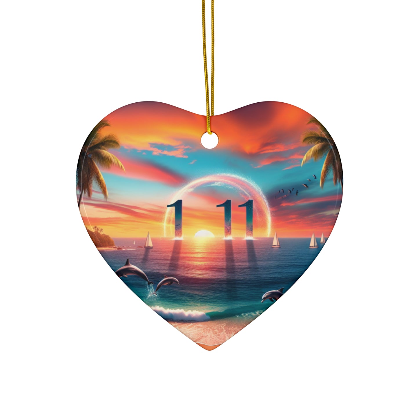 Ceramic Ornament Star, Heart, Snowflake or Circle 1111 "Enchanted Paradise: A Tropical Dusk Symphony" - Tropical Beach Sunset with Palm Trees, Dolphins, and Sailboats