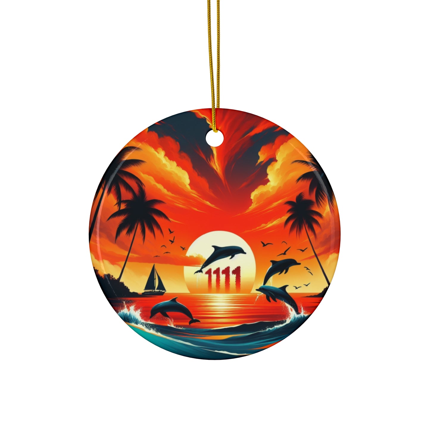 Ceramic Ornament Star, Heart, Snowflake or Circle 1111 "Serenity Sundown: The Tropical Harmony Edition" - Tropical Beach Sunset with Palm Trees, Dolphins, and Sailboats