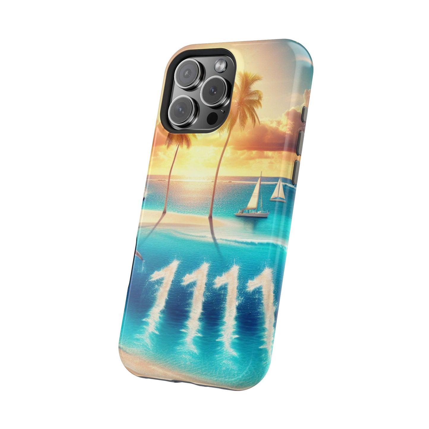 Magnetic Iphone 16 15 14 13 Pro and Max 1111 "Tropical Solitude: Sundown Serenity" - Tough Phone Case with Tropical Beach Sunset Dolphins ande Sailboats HD Art