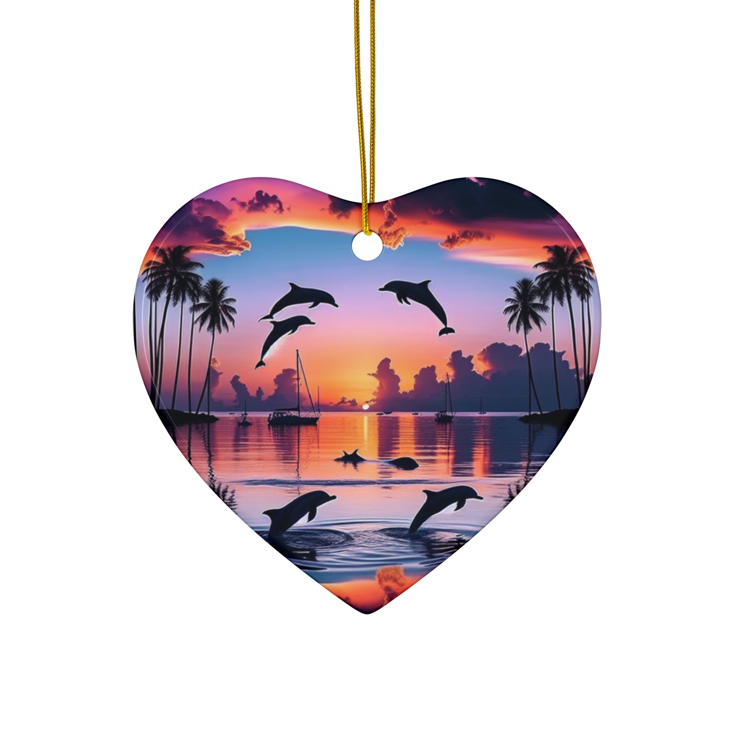 Ceramic Ornament Star, Heart, Snowflake or Circle 1111 "Paradise Radiance: A Tropical Beach Sunset Masterpiece" - Tropical Beach Sunset with Palm Trees, Dolphins, and Sailboats