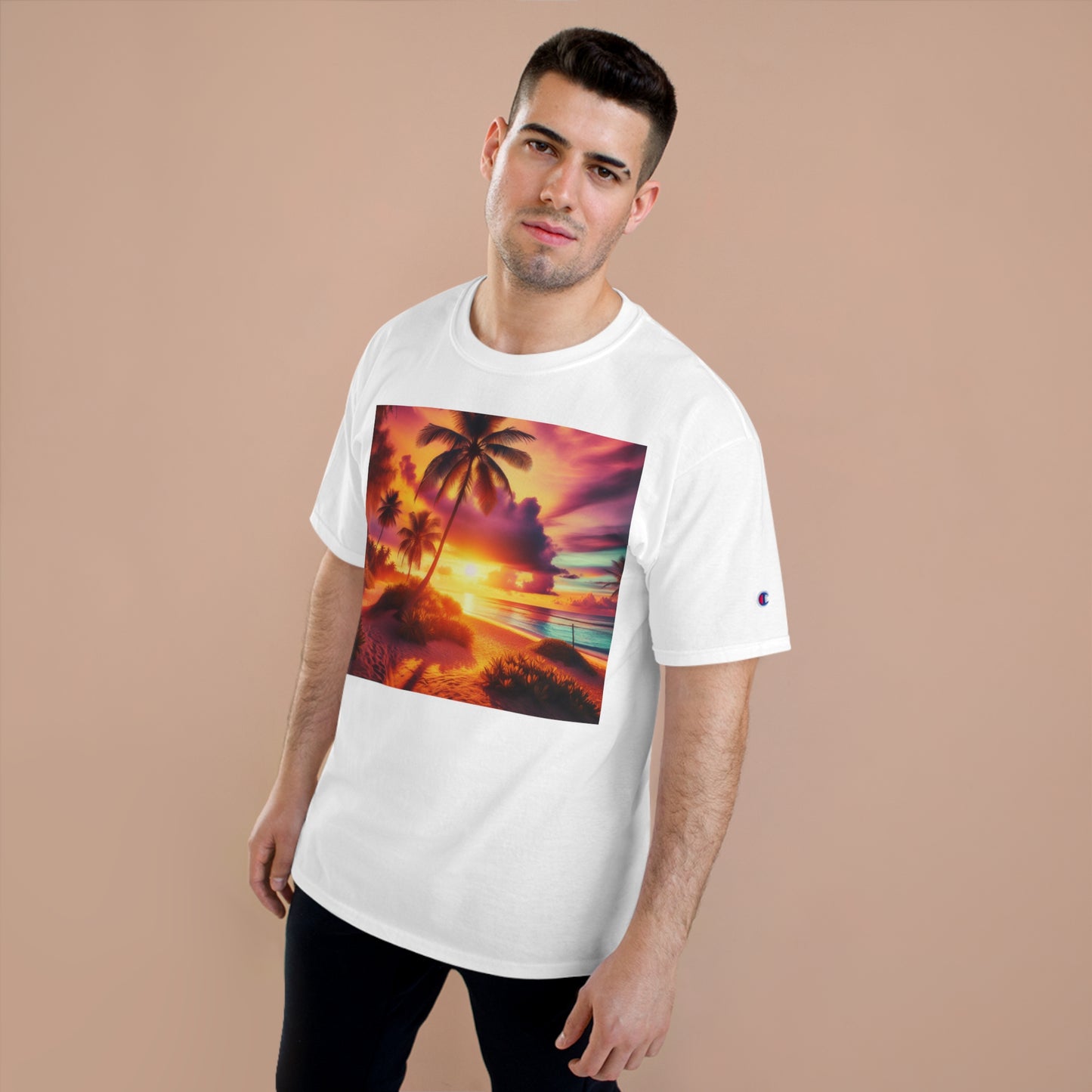 "Paradise Radiance: A Tropical Sunset Symphony" - Champion Tee Tropical Beach Sunset with Palm Trees