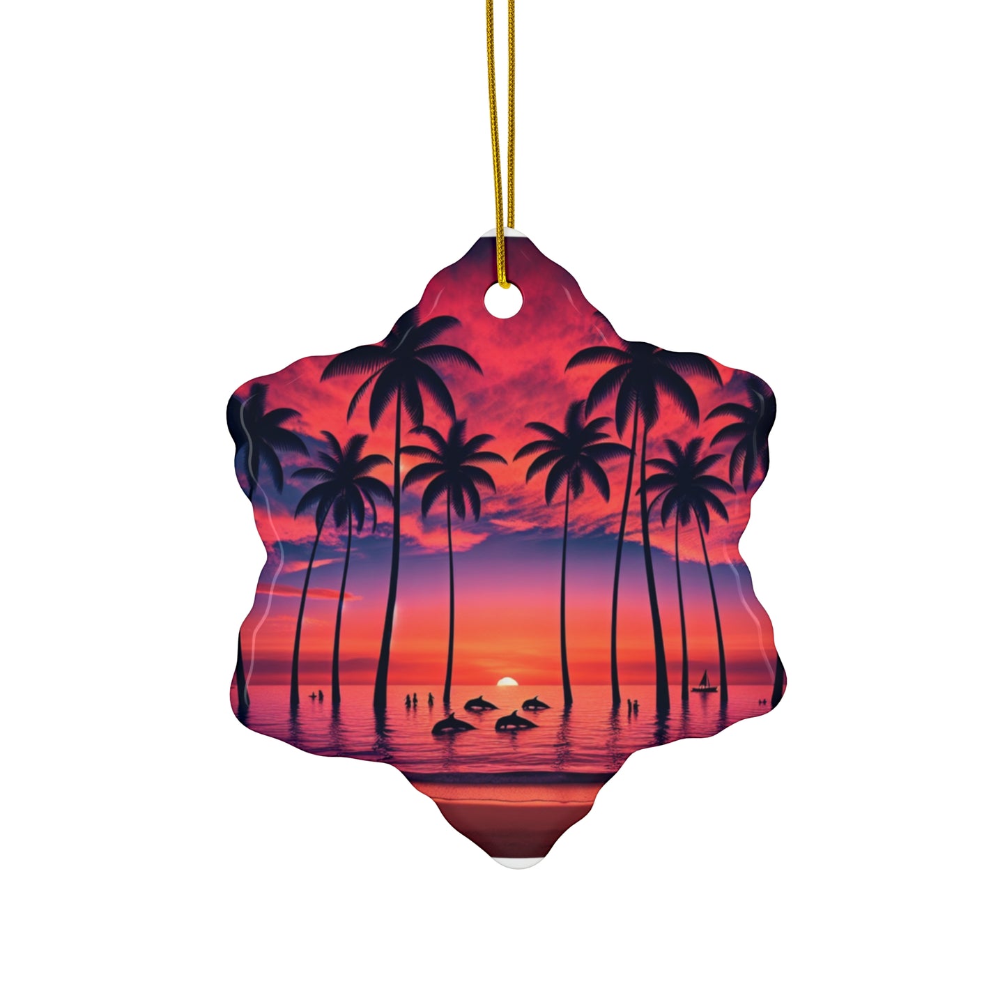 Ceramic Ornament Star, Heart, Snowflake or Circle 1111 "Paradise Beckons: A Tropical Sunset Symphony" - Tropical Beach Sunset with Palm Trees, Dolphins, and Sailboats