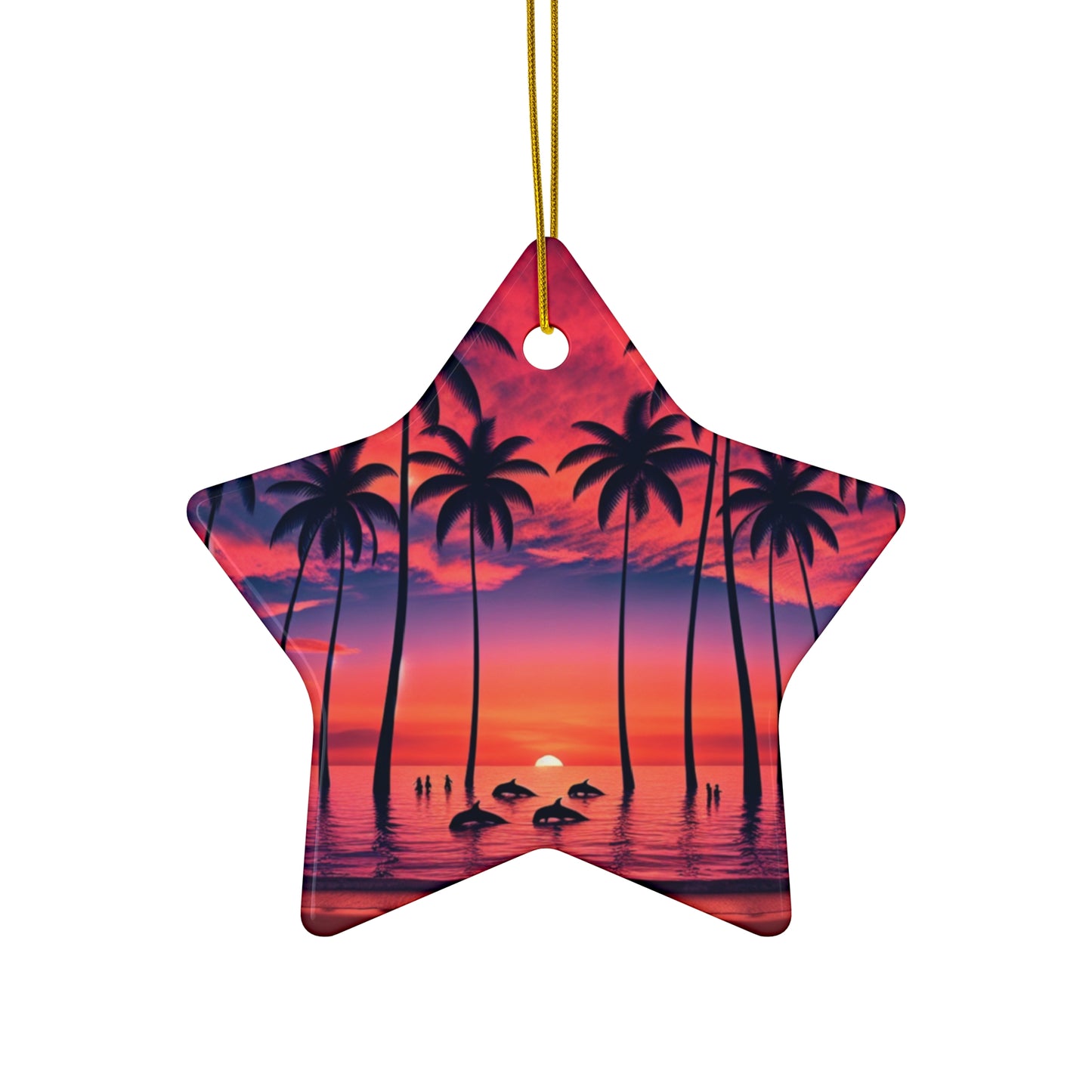 Ceramic Ornament Star, Heart, Snowflake or Circle 1111 "Paradise Beckons: A Tropical Sunset Symphony" - Tropical Beach Sunset with Palm Trees, Dolphins, and Sailboats