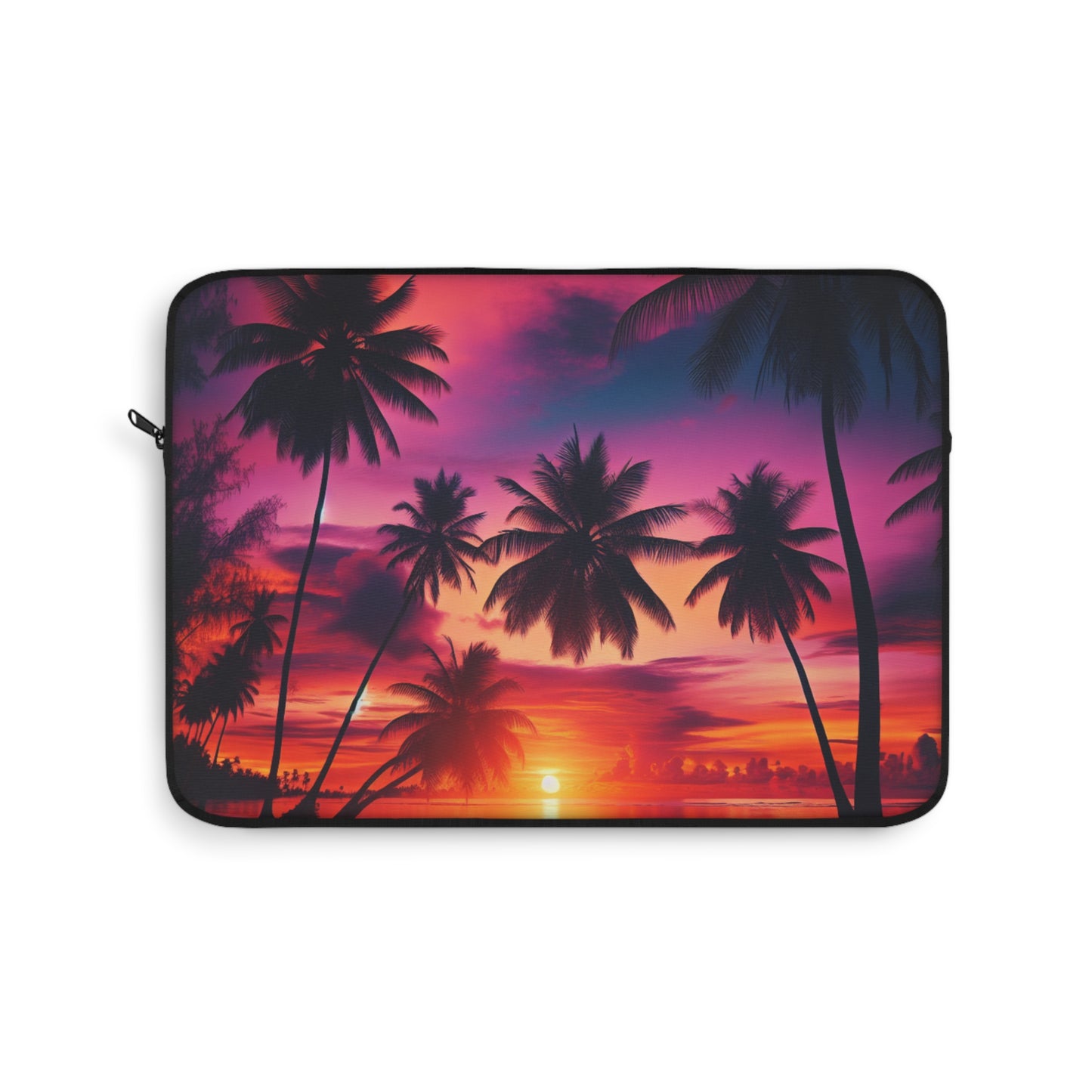 "Paradise Bliss: Tropical Sunset Serenade" - Laptop Sleeve with Tropical Beach Sunset with Palm Trees Art