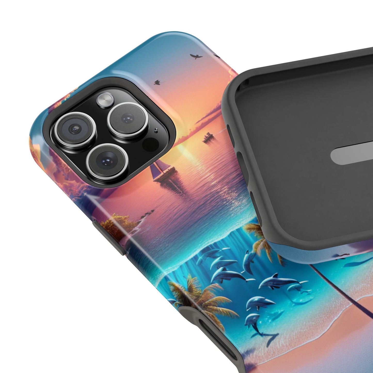 Magnetic Tough Phone case for phone 16 15 14 13 Pro Plus and Max  "Sunset Serenity: A Tropical Solitude" - Tough Phone Case with Tropical Beach Sunset Dolphins ande Sailboats HD Art