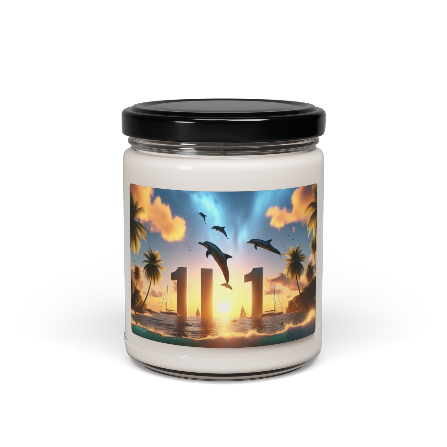 Scented Candle 9 Flavors "Dolphin Dusk: A Tropical Paradise Symphony" - 1111 Tropical Beach Sunset with Palm Trees, Dolphins, and Sailboats Art