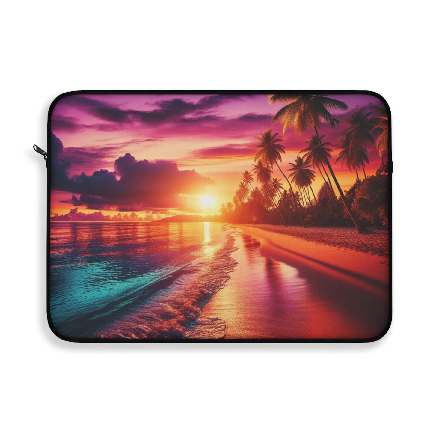 "Paradise Bliss: A Tropical Sundown Symphony" - Laptop Sleeve with Tropical Beach Sunset with Palm Trees Art