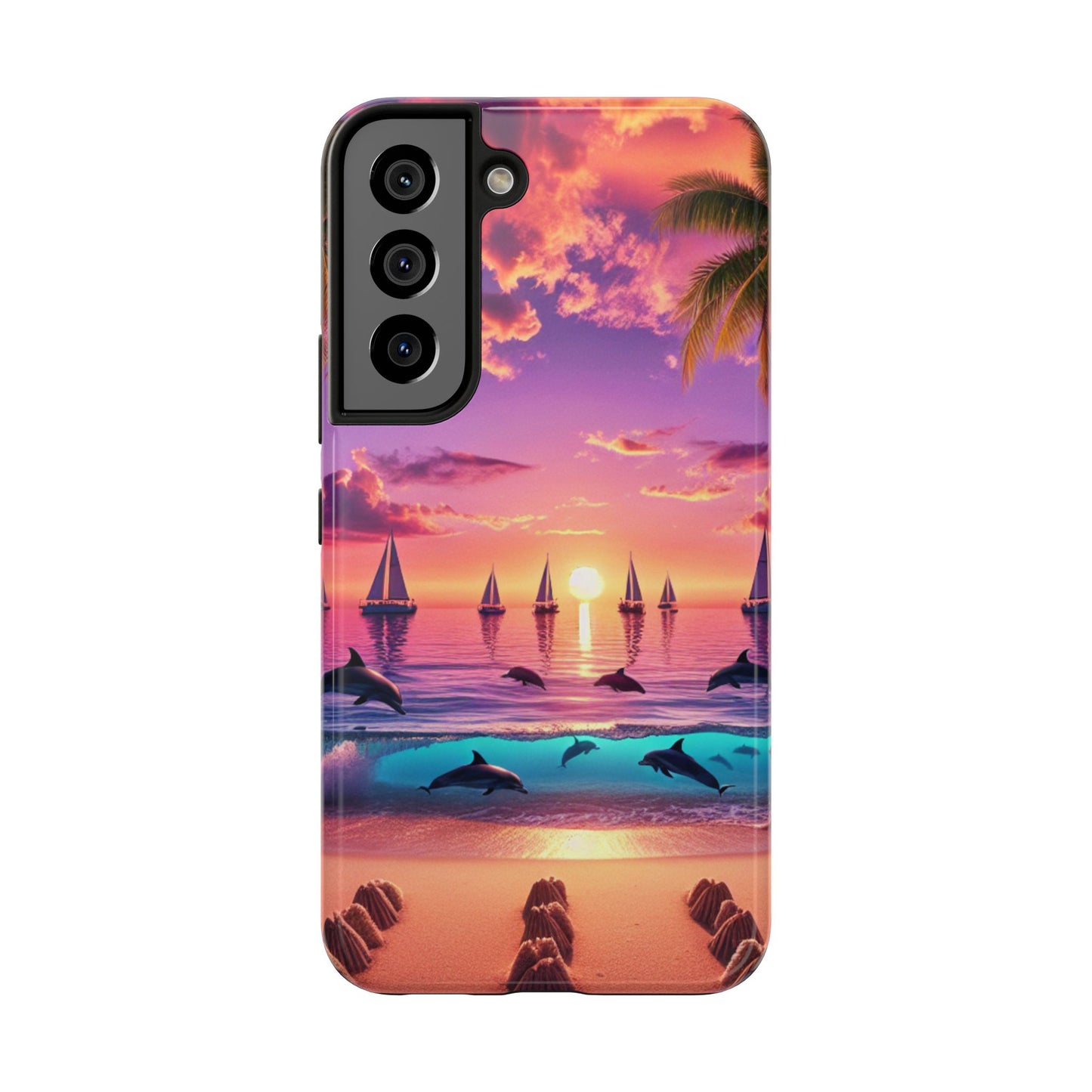 Samsung Galaxy S24 S23 S22 S21 Tough Phone Case "Paradise Twilight: Tropical Serenity" - 1111 Tropical Beach Palm Trees, Dolphins, and Sailboats Art