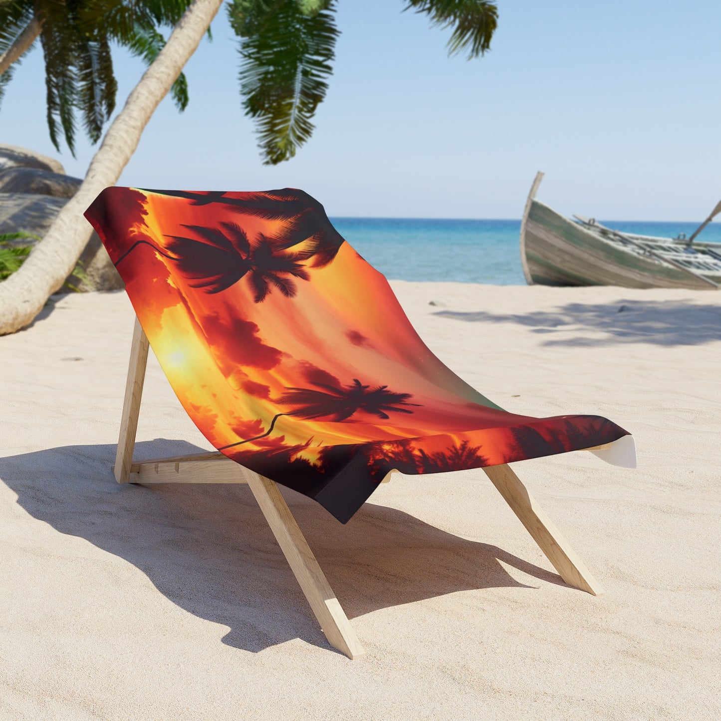 "Paradise Serenity: Tropical Twilight Symphony" - Tropical Beach Sunset with Palm Trees Beach Towel