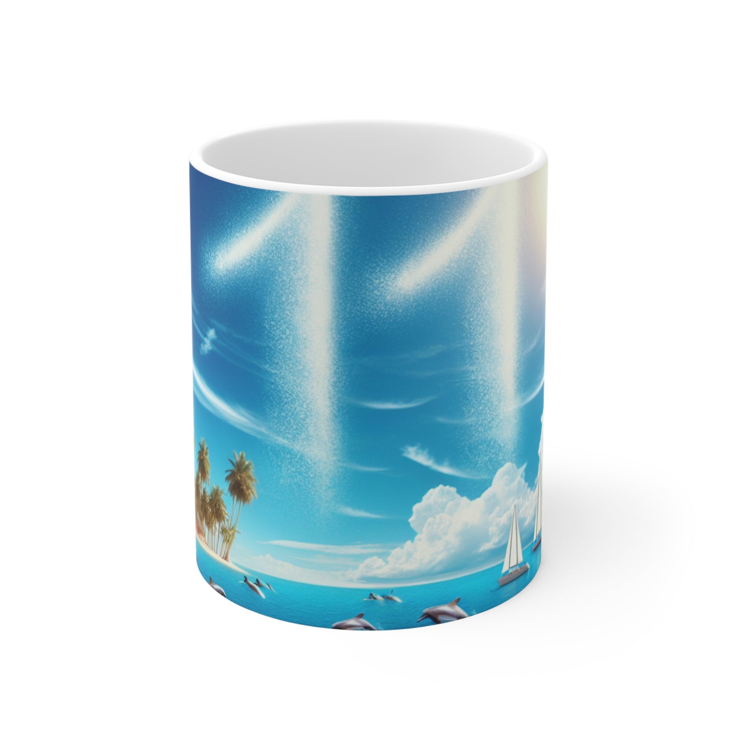 11oz Mug 1111 "Serene Sanctuary: Tropical Sunset, Divine Dolphins and Sailboat Soiree with Angelic Harmony 1111" - Tropical Beach Sunset with Palm Trees Dolphins and Sailboats