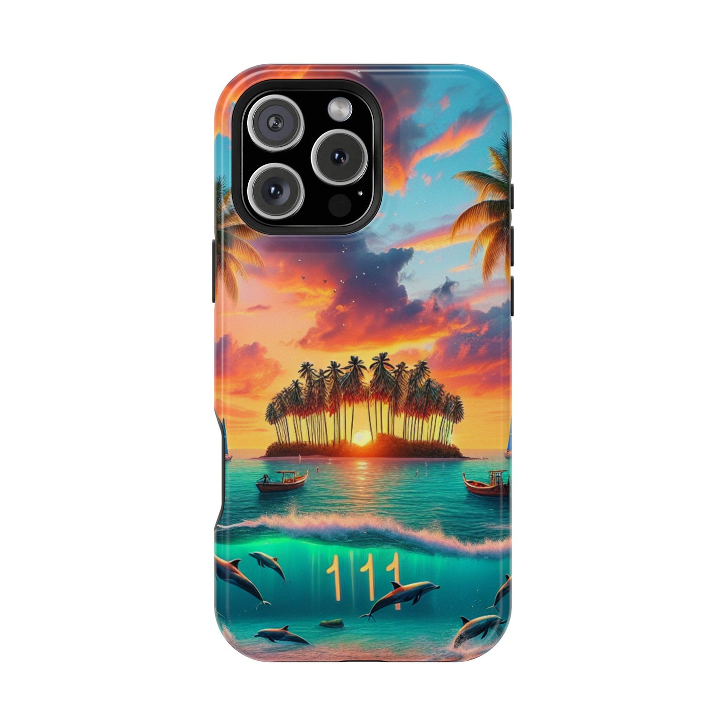 Magnetic Iphone 13-16 Pro and Max 1111 "Sundrenched Serenity: A Tropical Twilight Oasis" - Tough Phone Case with Tropical Beach Sunset Dolphins ande Sailboats HD Art