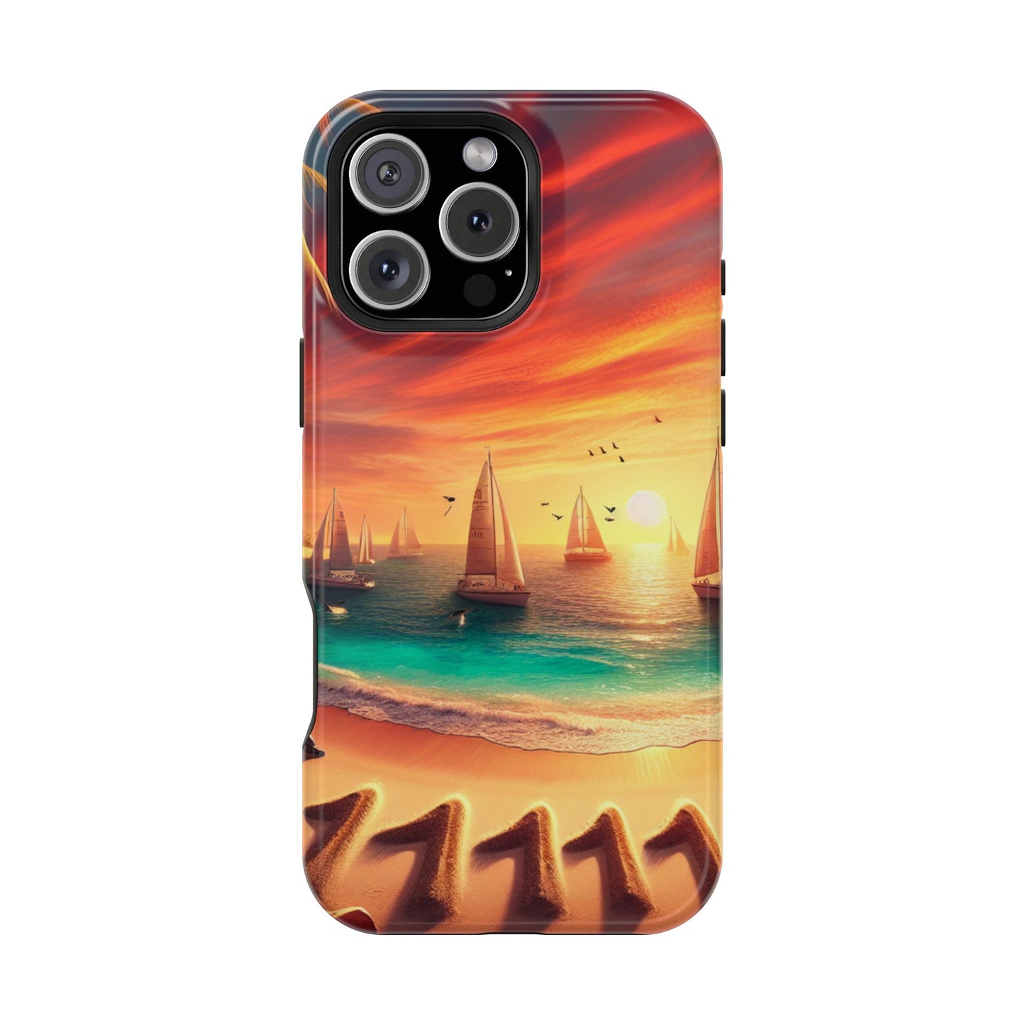 Magnetic Iphone 16 15 14 14 Pro and Max 1111 "Paradise Twilight: An Ode to Tropical Serenity" - Tough Phone Case with Tropical Beach Sunset Dolphins ande Sailboats HD Art