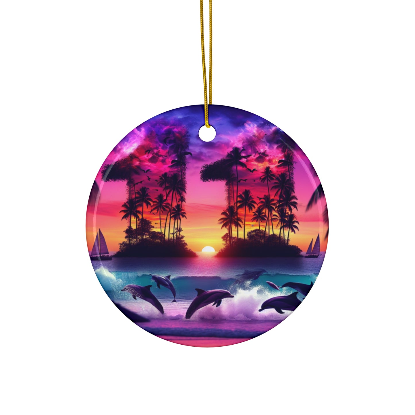 Ceramic Ornament Star, Heart, Snowflake or Circle 1111 "Paradise Serenity: A Tropical Beach Twilight Spectacle" - Tropical Beach Sunset with Palm Trees, Dolphins, and Sailboats