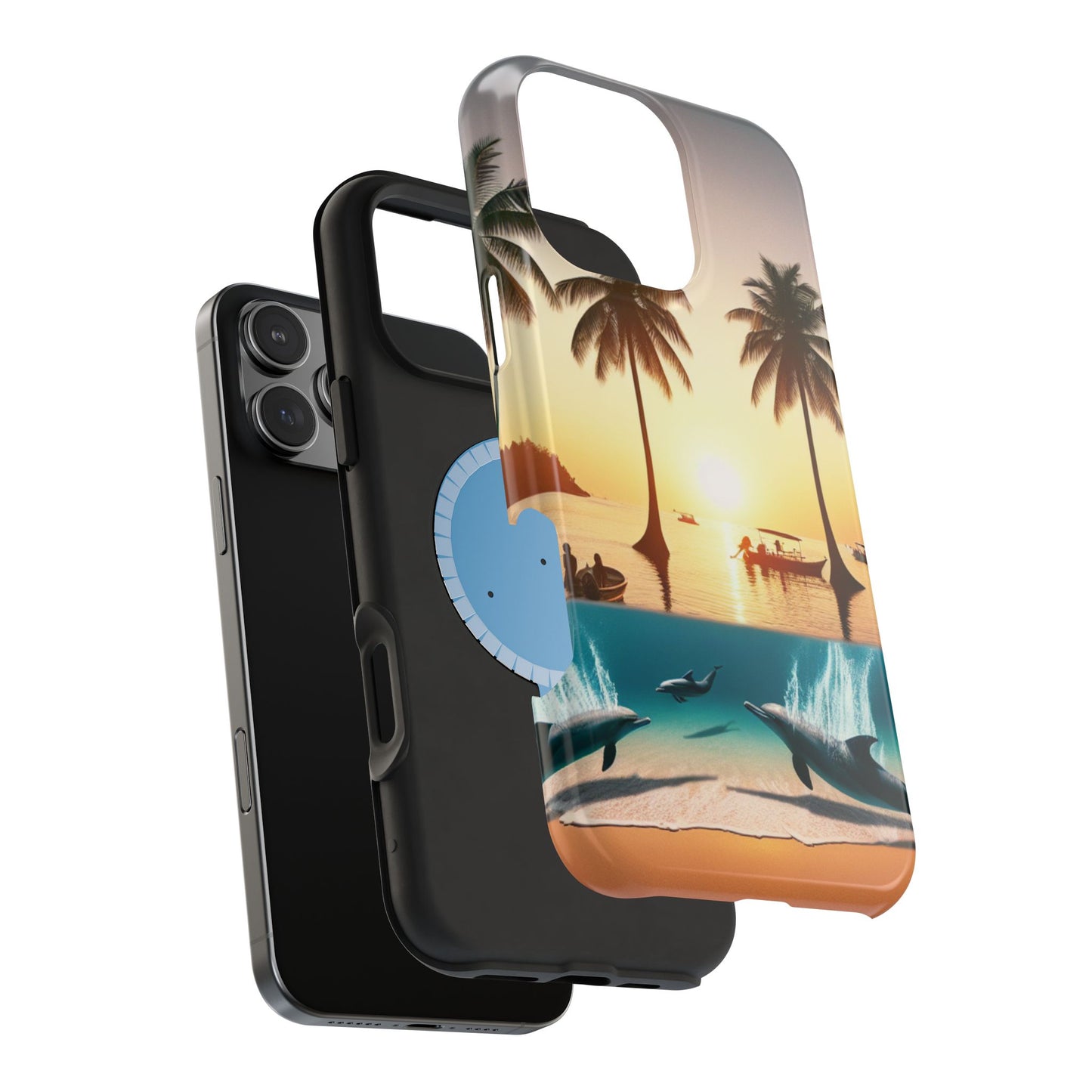 Magnetic Iphone 13-16 Pro and Max 1111 "Sunset Serenity: A Tropical Tapestry" - Tough Phone Case with Tropical Beach Sunset Dolphins ande Sailboats HD Art