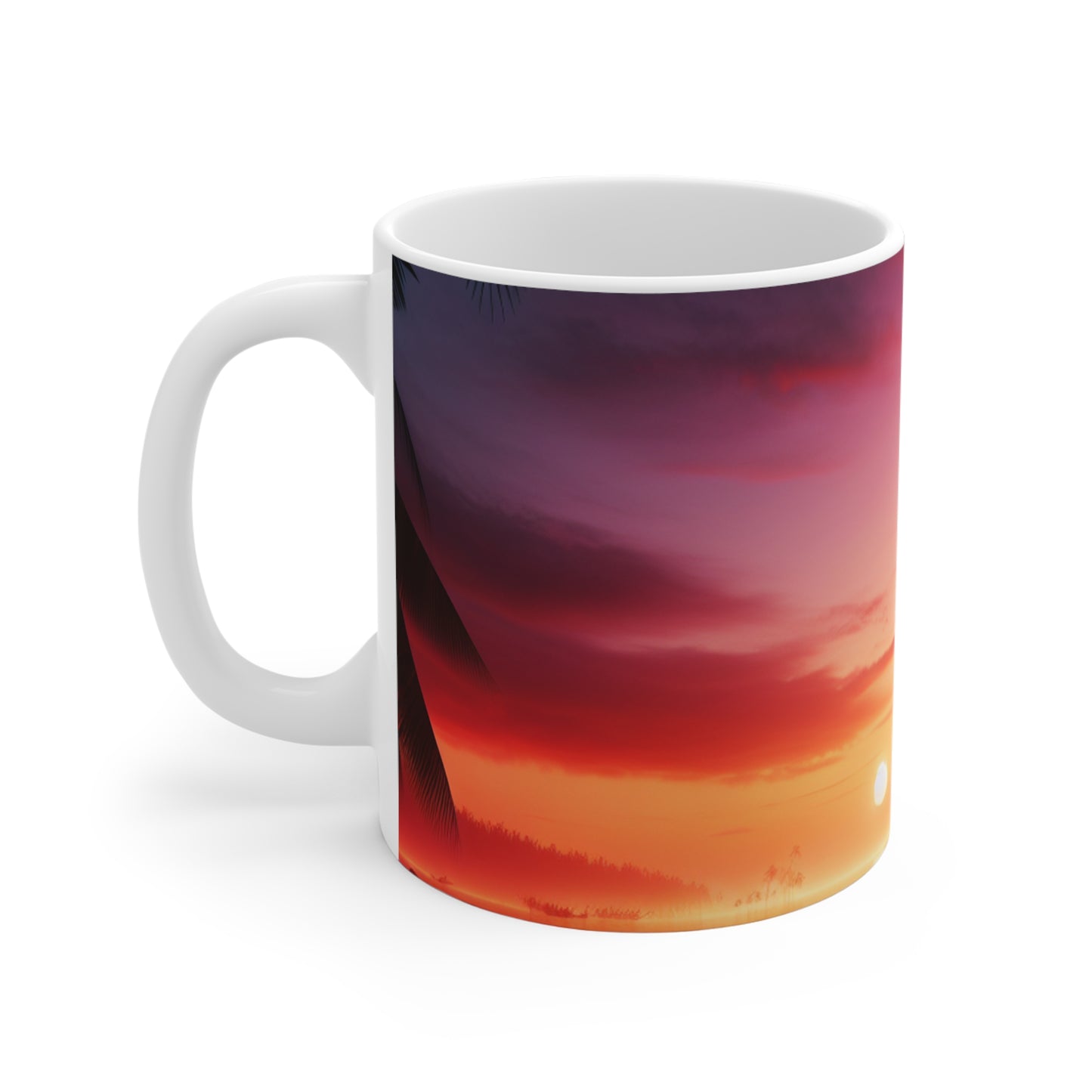 "Radiant Paradise: A Tropical Sundown Symphony" - Tropical Beach Sunset with Palm Trees 11oz White Mug