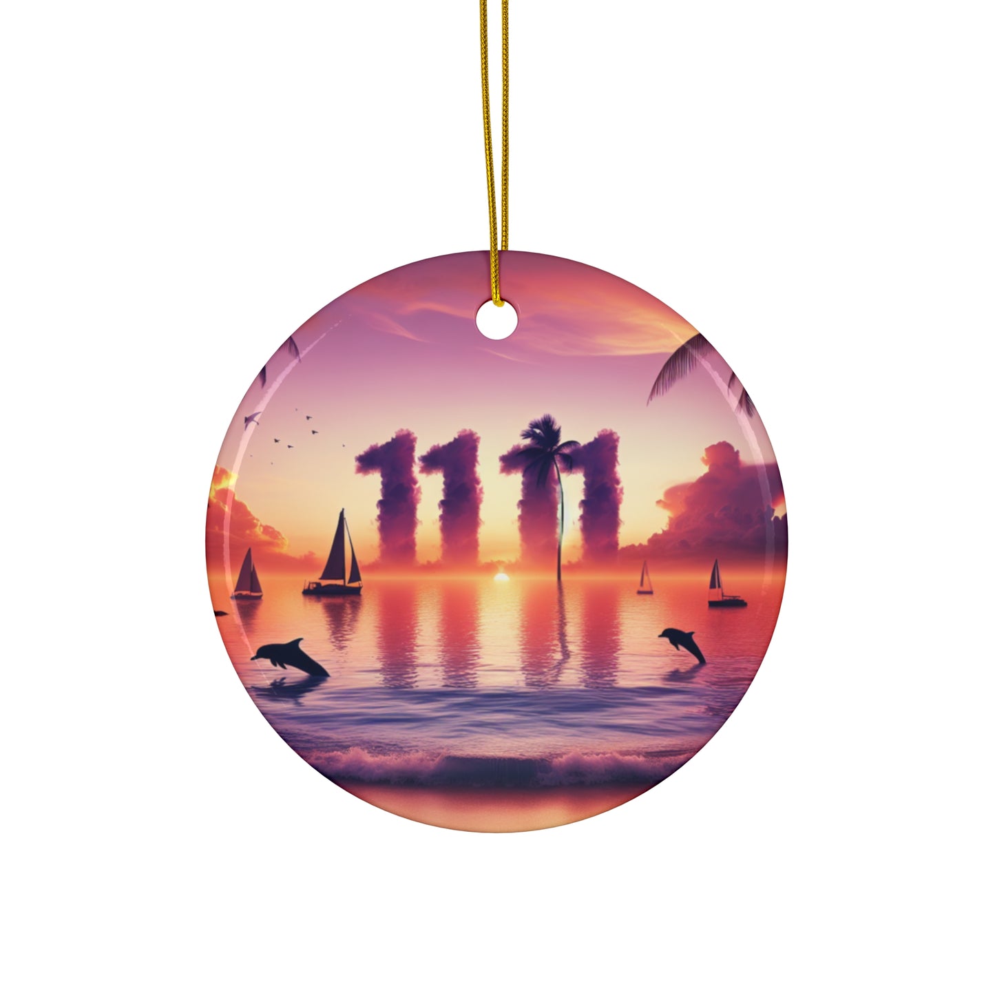 Ceramic Ornament Star, Heart, Snowflake or Circle 1111 "Paradise Serenity: Tropical Sundown Symphony" - Tropical Beach Sunset with Palm Trees, Dolphins, and Sailboats