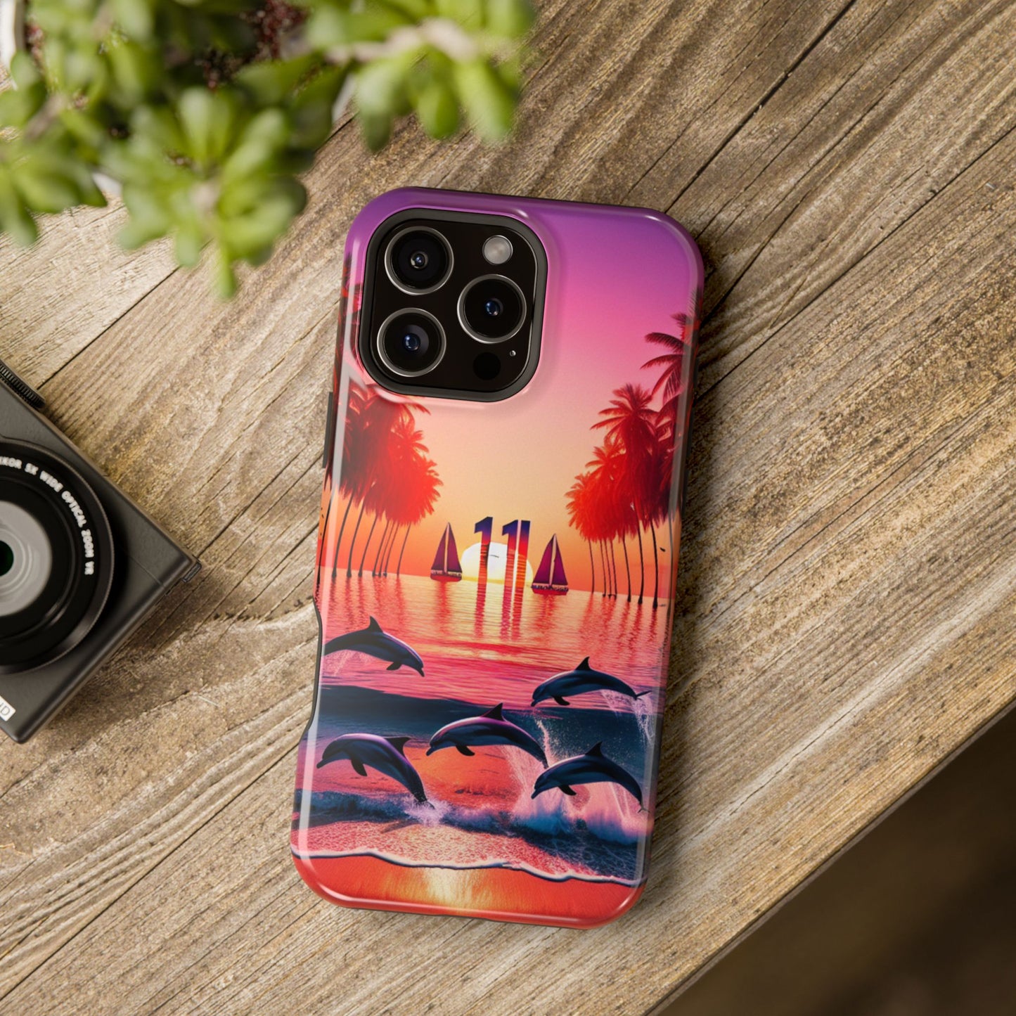 Magnetic Iphone 13-16 Pro and Max 1111 "Twilight Serenity: Tropical Beach Haven" - Tough Phone Case with Tropical Beach Sunset Dolphins ande Sailboats HD Art