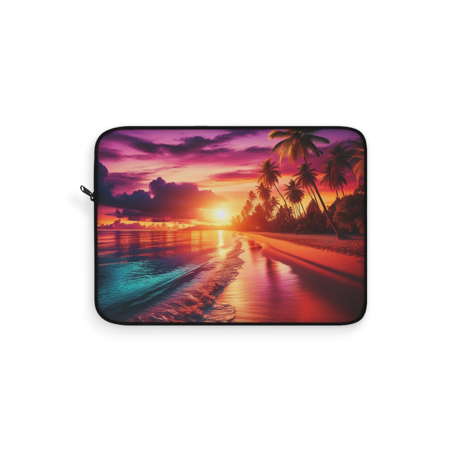 "Paradise Bliss: A Tropical Sundown Symphony" - Laptop Sleeve with Tropical Beach Sunset with Palm Trees Art