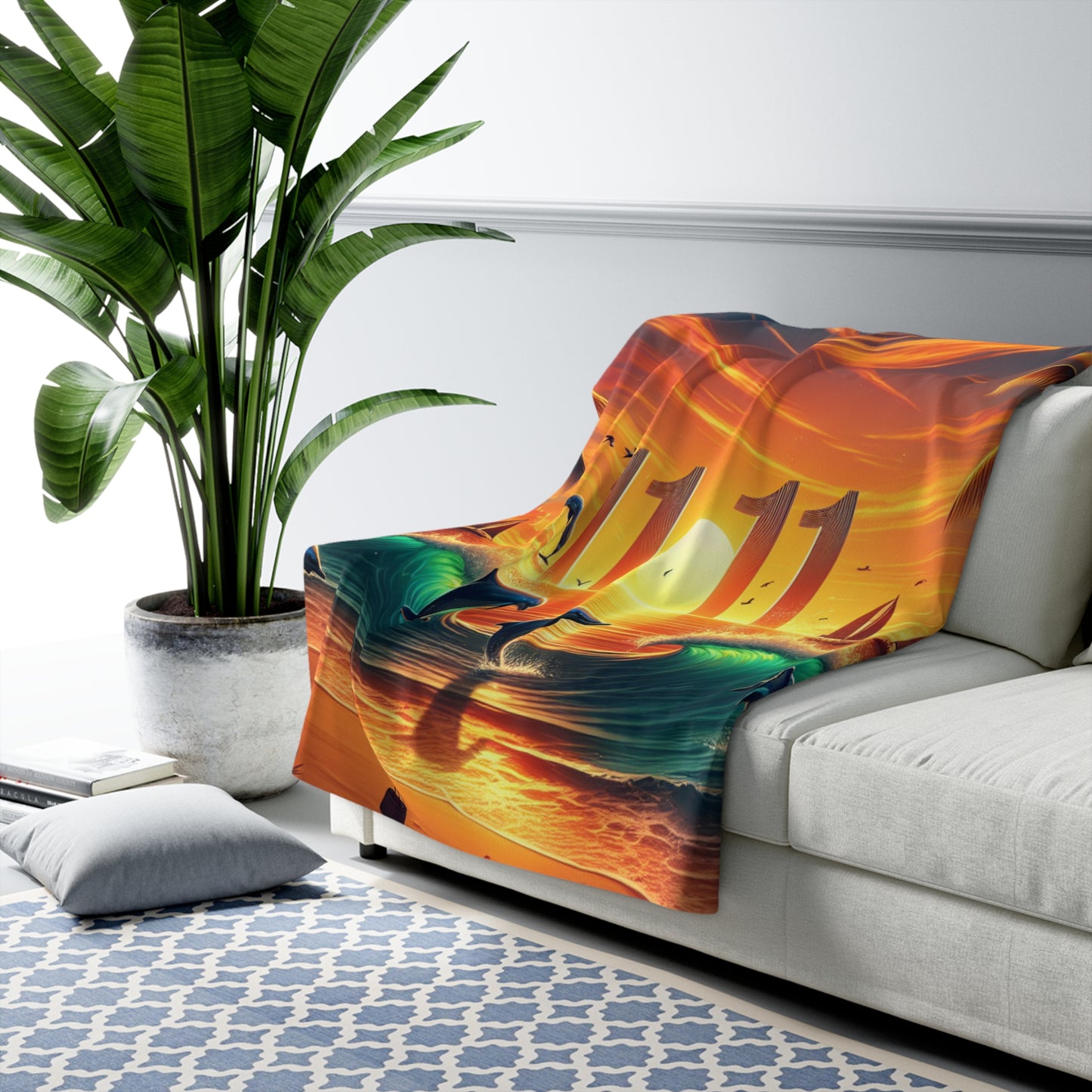 Tropical Beach Sherpa Fleece Blanket - Palm Trees, Dolphins, Sailboats - Angel Number 1111 - Positive Mindset Reminder - Visualization