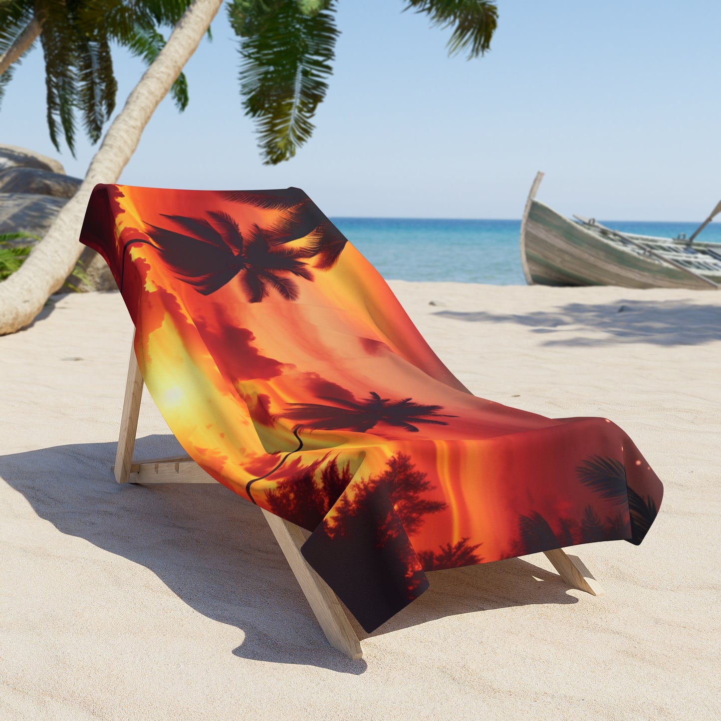 "Paradise Serenity: Tropical Twilight Symphony" - Tropical Beach Sunset with Palm Trees Beach Towel