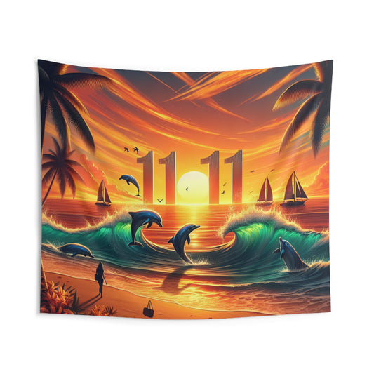 Tropical Beach Sunset Dolphins Sailboats Angel Number 1111 Indoor Wall Tapestries, Ocean Seaside Hanging Art, Positive Mindset Reminder