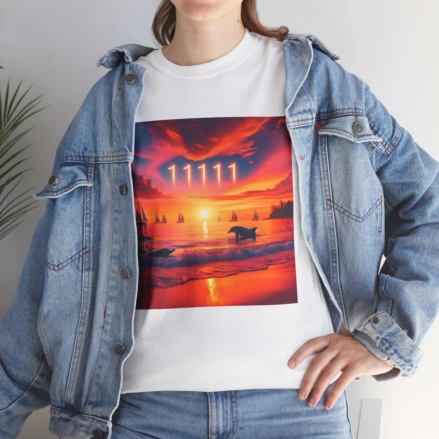 Tropical Beach Sunset Unisex Tee, Dolphins Sailboats Angel 1111 Positive Mindset Visualization Reminder, Heavy Cotton Tshirt, Vacation