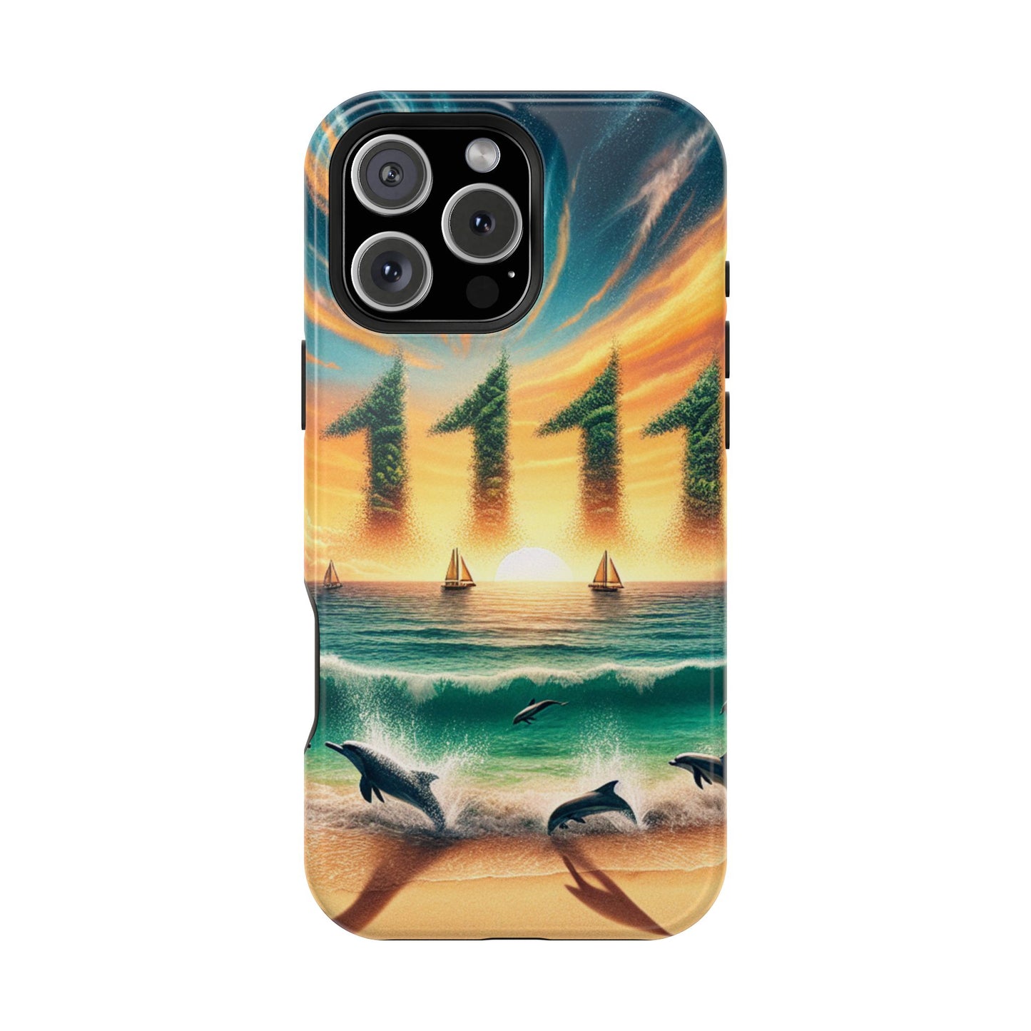 Magnetic Tough Phone case for phone 16 15 14 13 Pro Plus and Max  1111 "Paradise Lost in Dusk" - Tough Phone Case with Tropical Beach Sunset Dolphins ande Sailboats HD Art