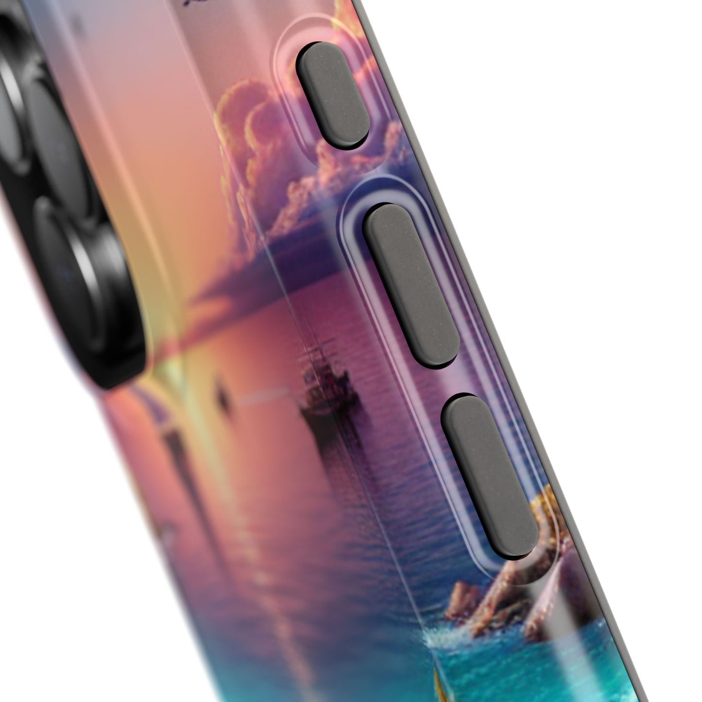 Magnetic Tough Phone case for phone 16 15 14 13 Pro Plus and Max  "Sunset Serenity: A Tropical Solitude" - Tough Phone Case with Tropical Beach Sunset Dolphins ande Sailboats HD Art