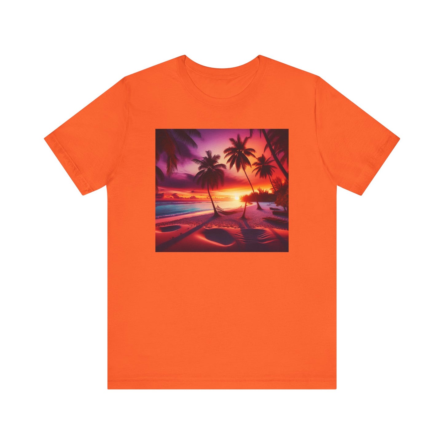 "Paradise Dusk: A Tropical Beach Sunset Symphony" - Tropical Beach Sunset with Palm Trees Unisex Jersey T-Shirt