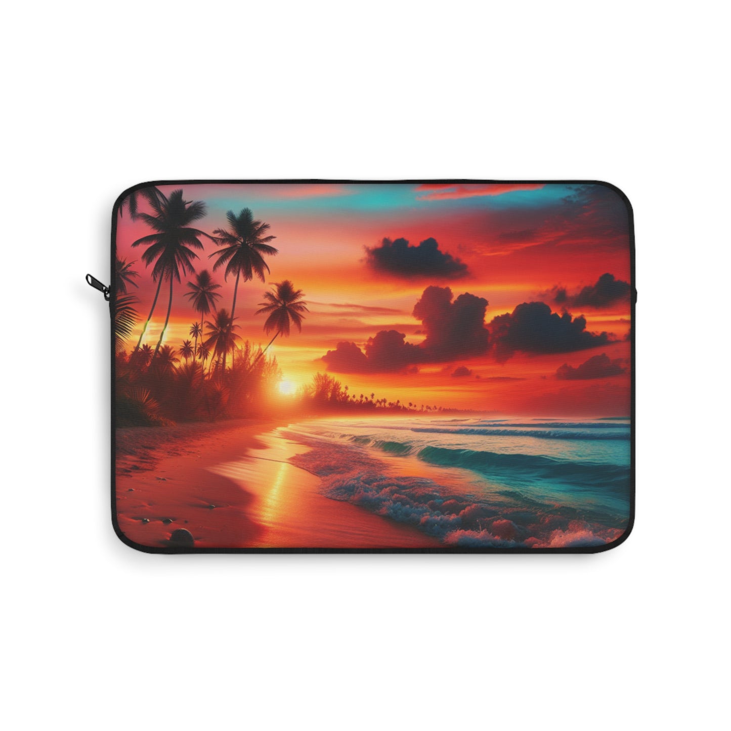 "Paradise Serenade: An Amber Sky Symphony" - Laptop Sleeve with Tropical Beach Sunset with Palm Trees Art