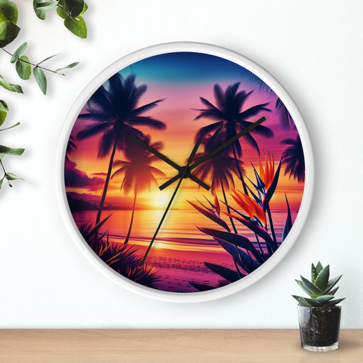 "Paradise's Lavender Twilight" - Tropical Beach at Sunset 10" Wall Art Clock