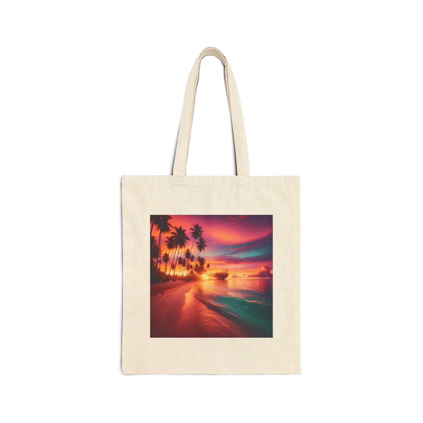 "Dusk Paradise: A Tropical Twilight Symphony" - Natural or Black Cotton Canvas Tote Bag with Tropical Beach Sunset and Palm Trees