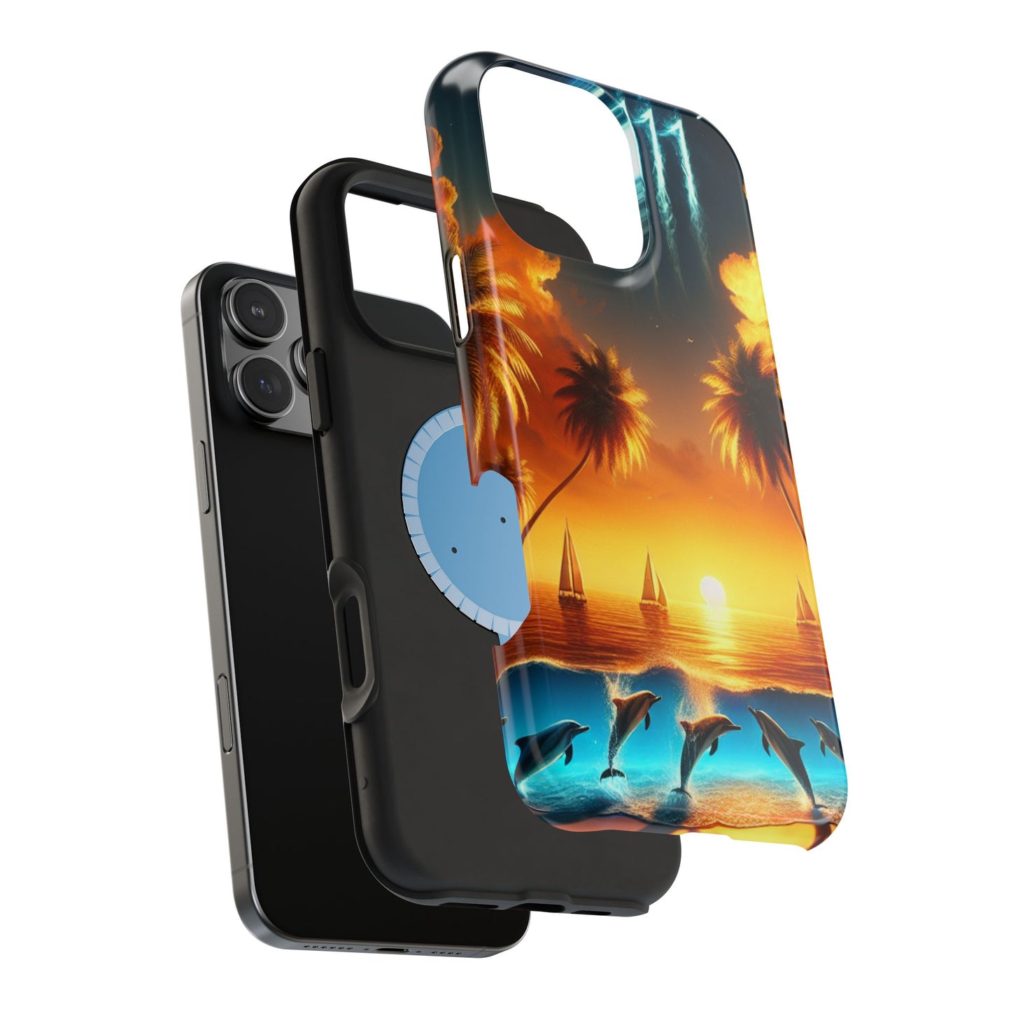 Magnetic Tough Cases - Tropical Sunset Beach Dolphins Art Phone Case, Iphone 13-16 Pro Plus, Max 1111, Paradise Unveiled. Protective,