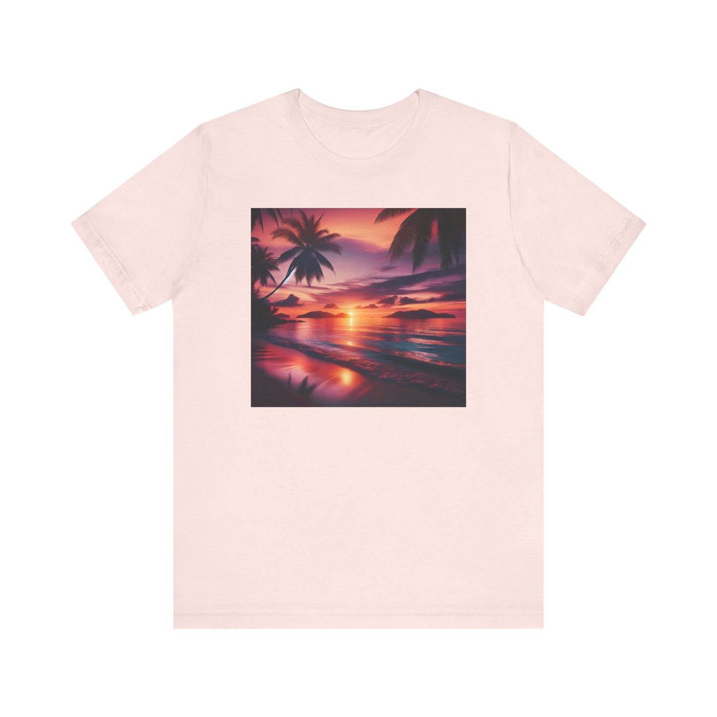 "Paradise Dusk: A Symphonic Blend of Sun, Sand & Serenity" - Tropical Beach Sunset with Palm Trees Unisex Jersey Tee