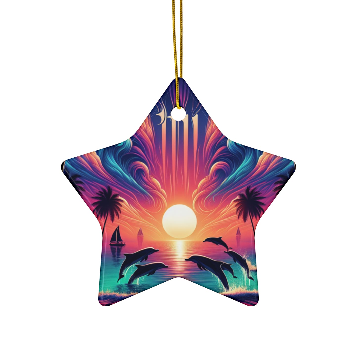 Ceramic Ornament Star, Heart, Snowflake or Circle 1111 "Paradise Dusk: A Tropical Serenade" - Tropical Beach Sunset with Palm Trees, Dolphins, and Sailboats