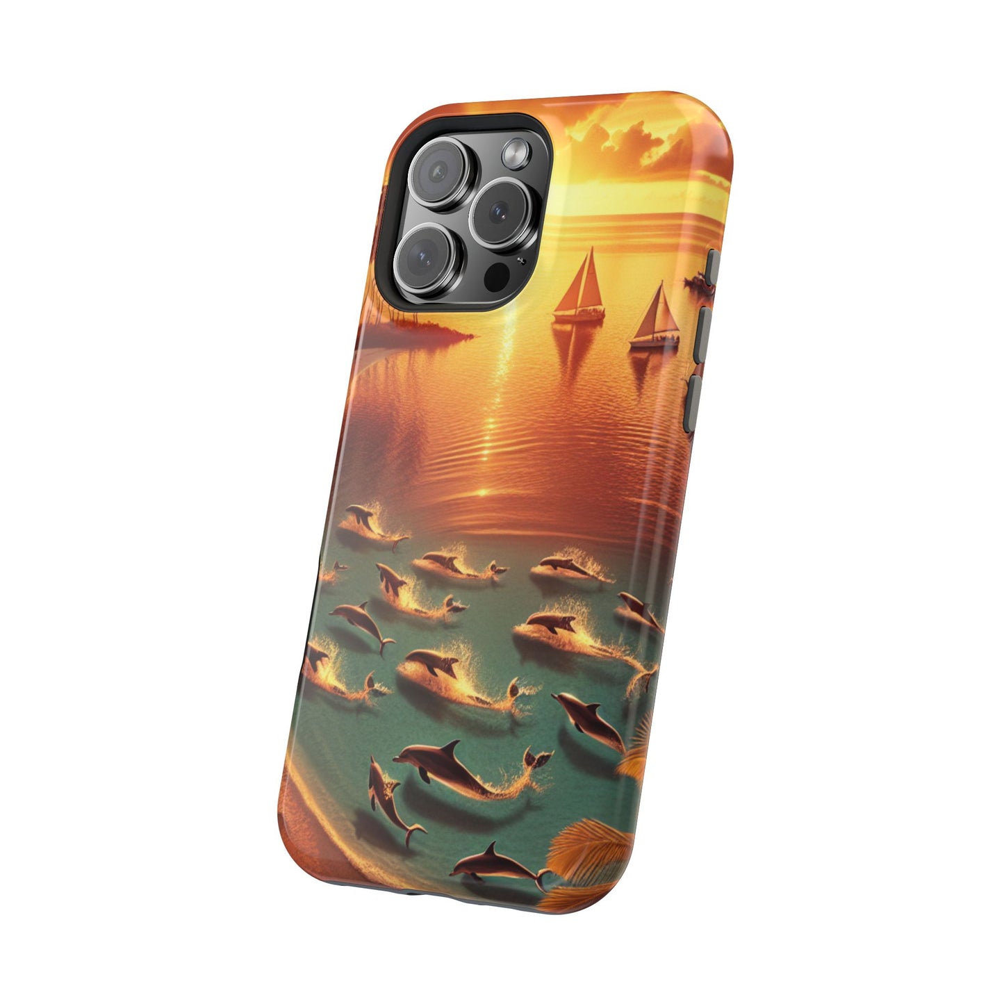 Magnetic Iphone 13-16 Pro and Max 1111 "Golden Sands: Tropical Dusk Serenade" - Tough Phone Case with Tropical Beach Sunset Dolphins ande Sailboats HD Art