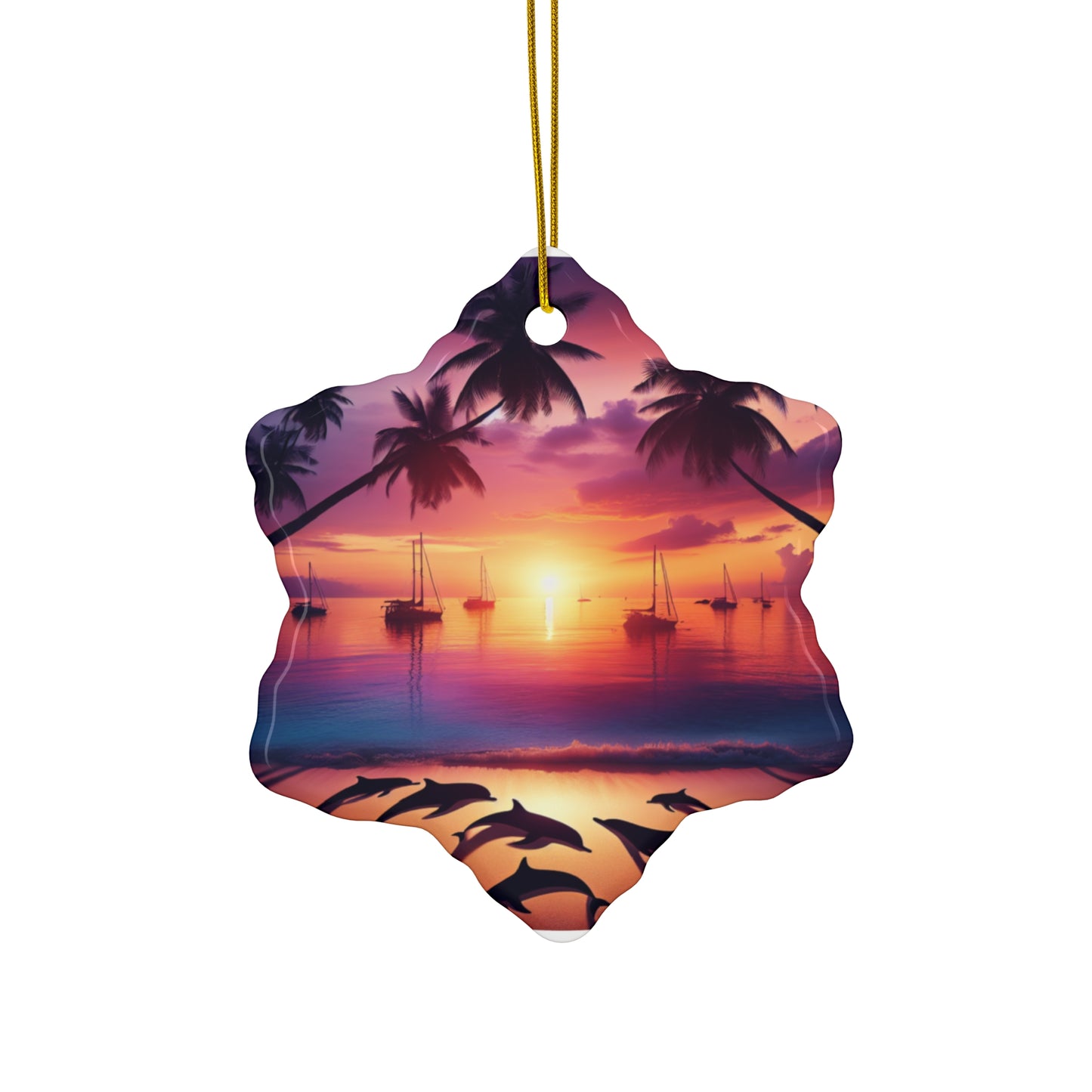 Ceramic Ornament Star, Heart, Snowflake or Circle 1111 "Tropical Twilight Serenade" - Tropical Beach Sunset with Palm Trees, Dolphins, and Sailboats