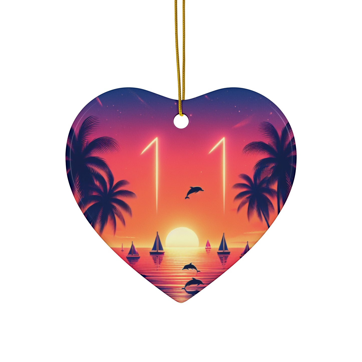 Ceramic Ornament Star, Heart, Snowflake or Circle 1111 "Paradise Dusk: A Tropical Beach Sunset Symphony" - Tropical Beach Sunset with Palm Trees, Dolphins, and Sailboats