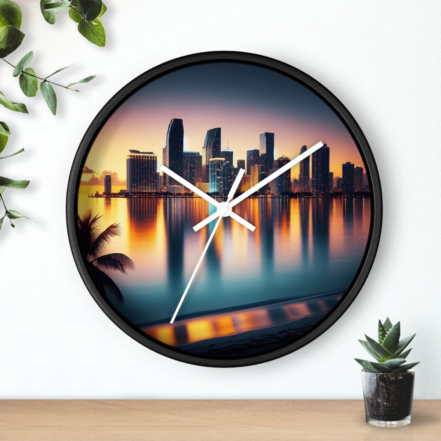 Miami Sunset City Lights and Ocean Reflection Wall Clock