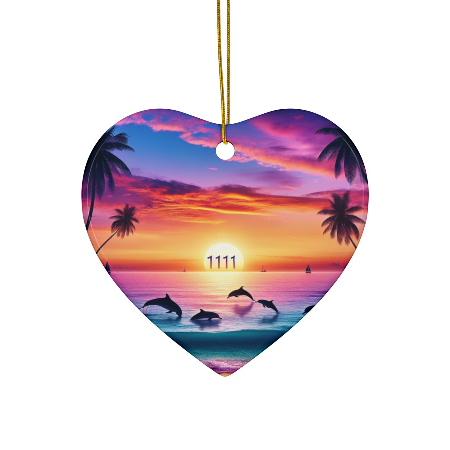 Ceramic Ornament Star, Heart, Snowflake or Circle 1111 "Serenity Sands: A Tropical Twilight Masterpiece" - Tropical Beach Sunset with Palm Trees