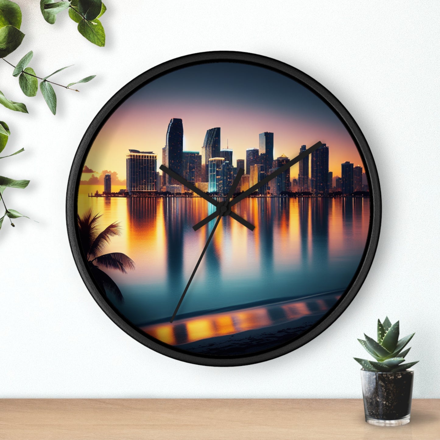 Miami Sunset City Lights and Ocean Reflection Wall Clock